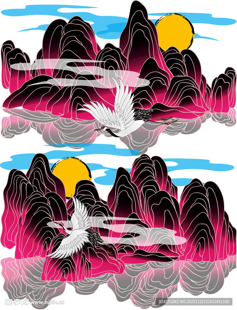 梦幻山水间的飞鸟与落日