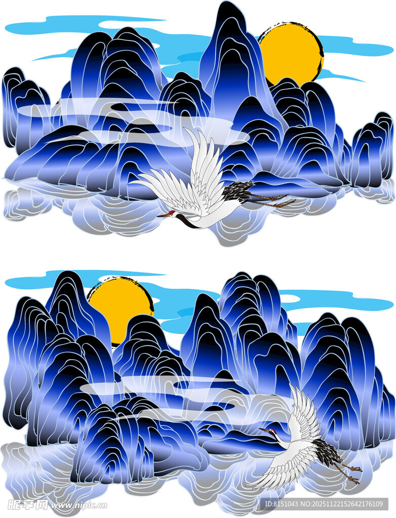 水墨群山日出倒影美景