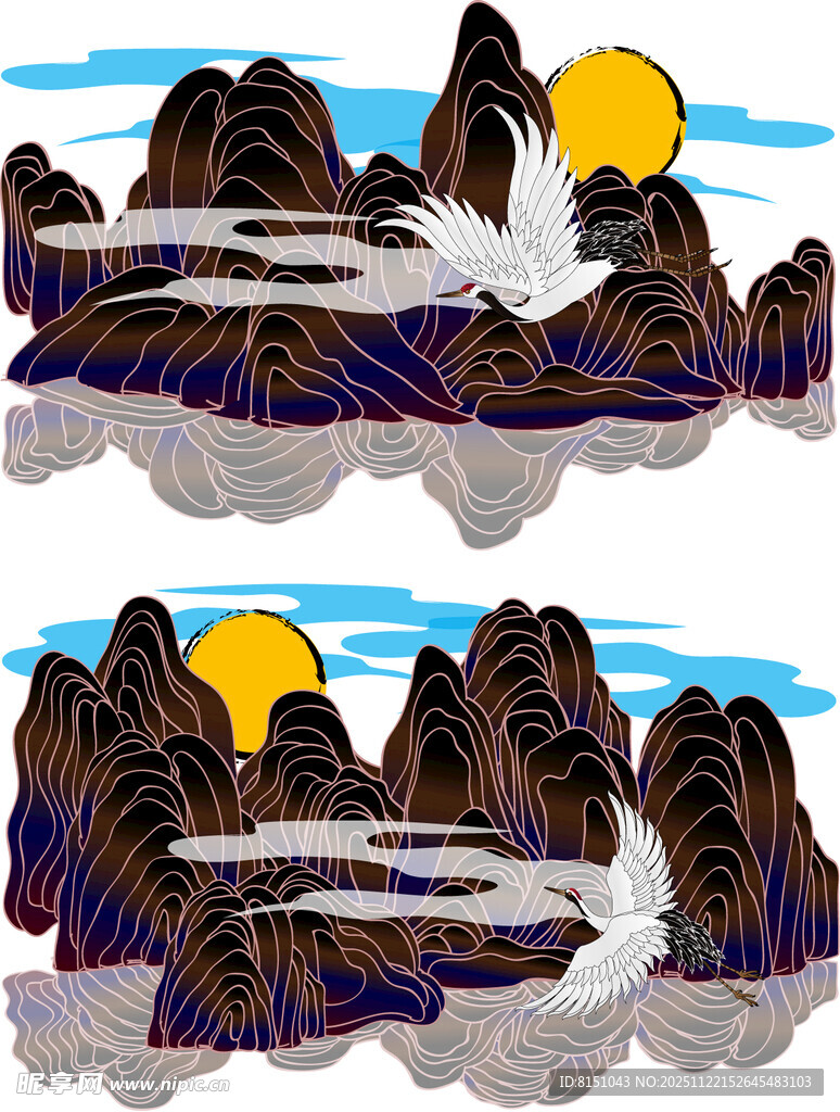 水墨风格山川落日美景