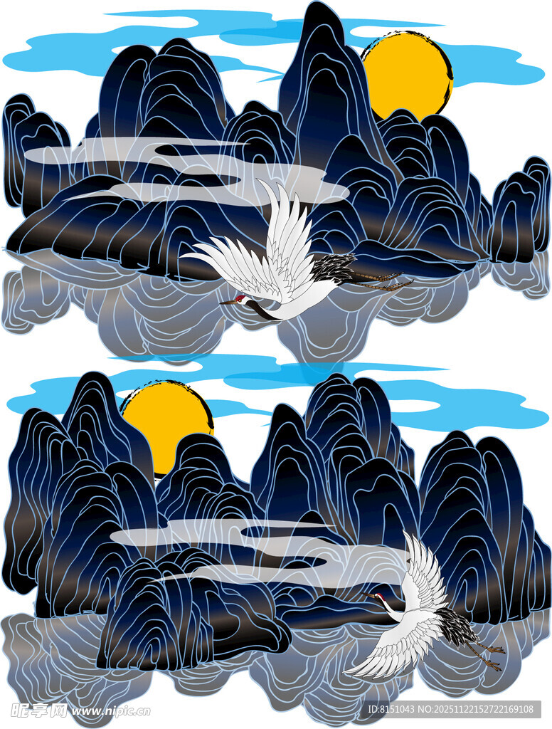 水墨山水飞鸟艺术插画