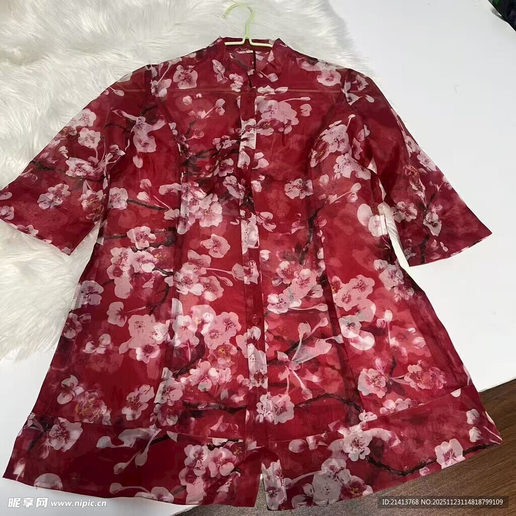 中式花卉印花短袖连衣裙