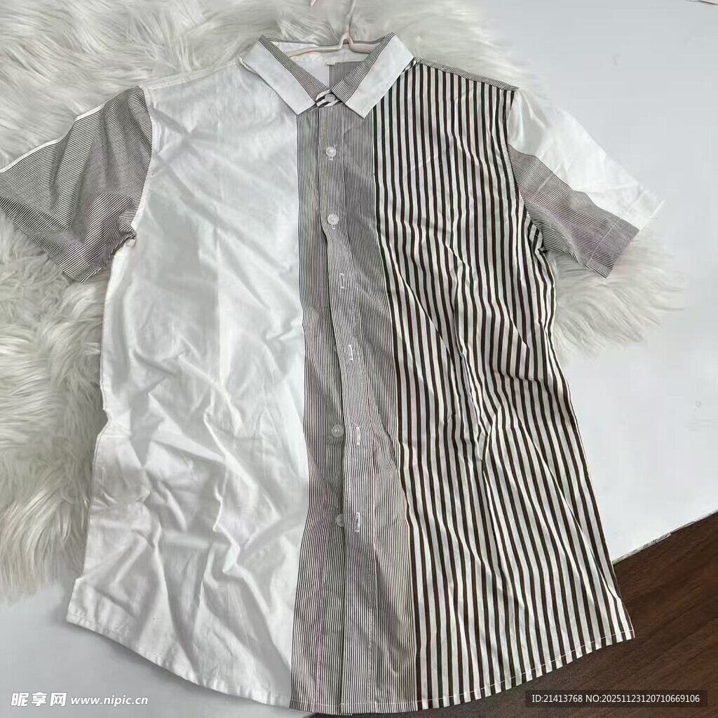 拼接条纹短袖衬衫