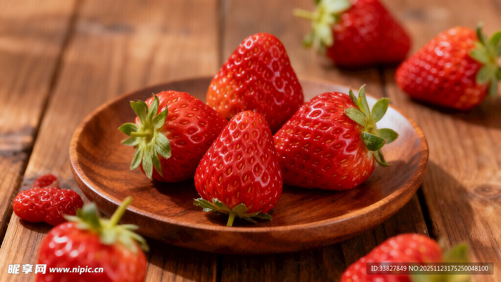 木盘上的新鲜草莓