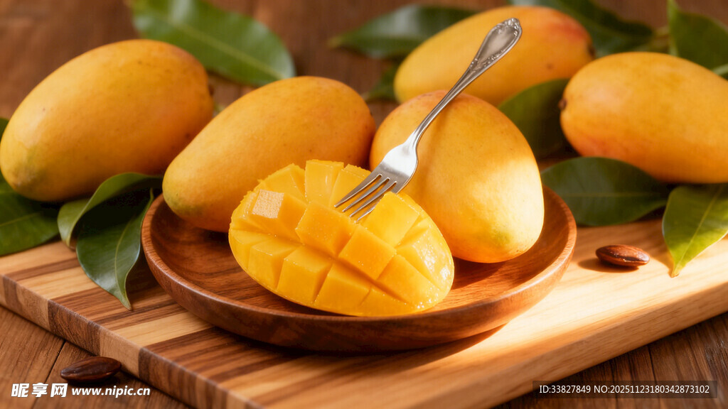 木盘上的美味新鲜芒果