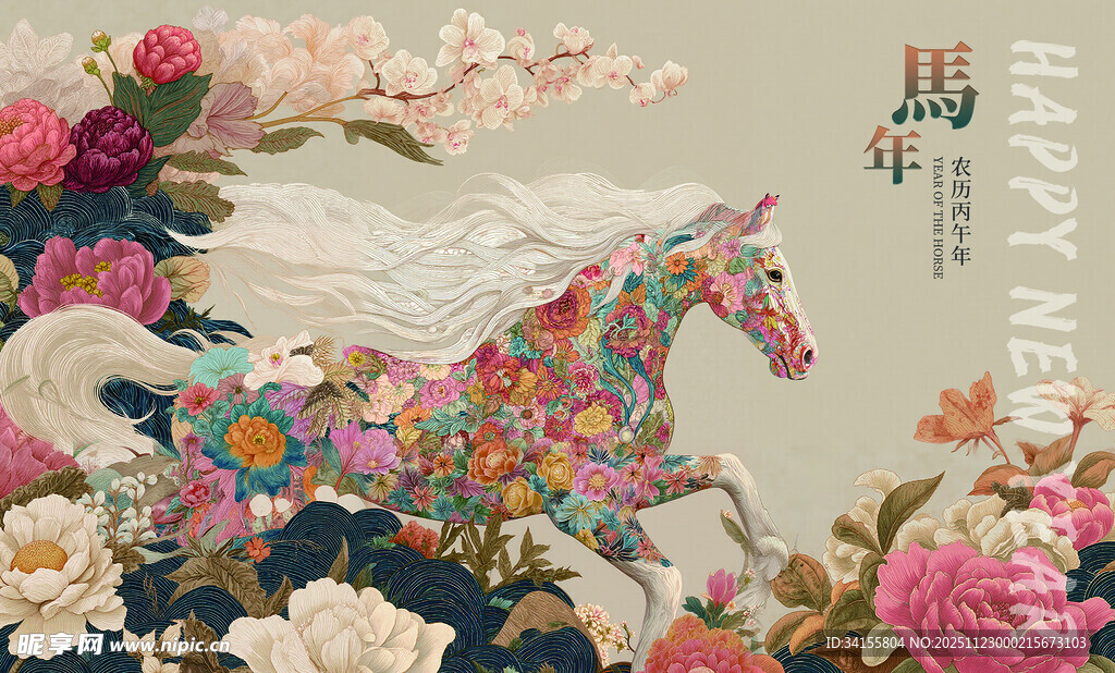 彩纹奔马伴繁花