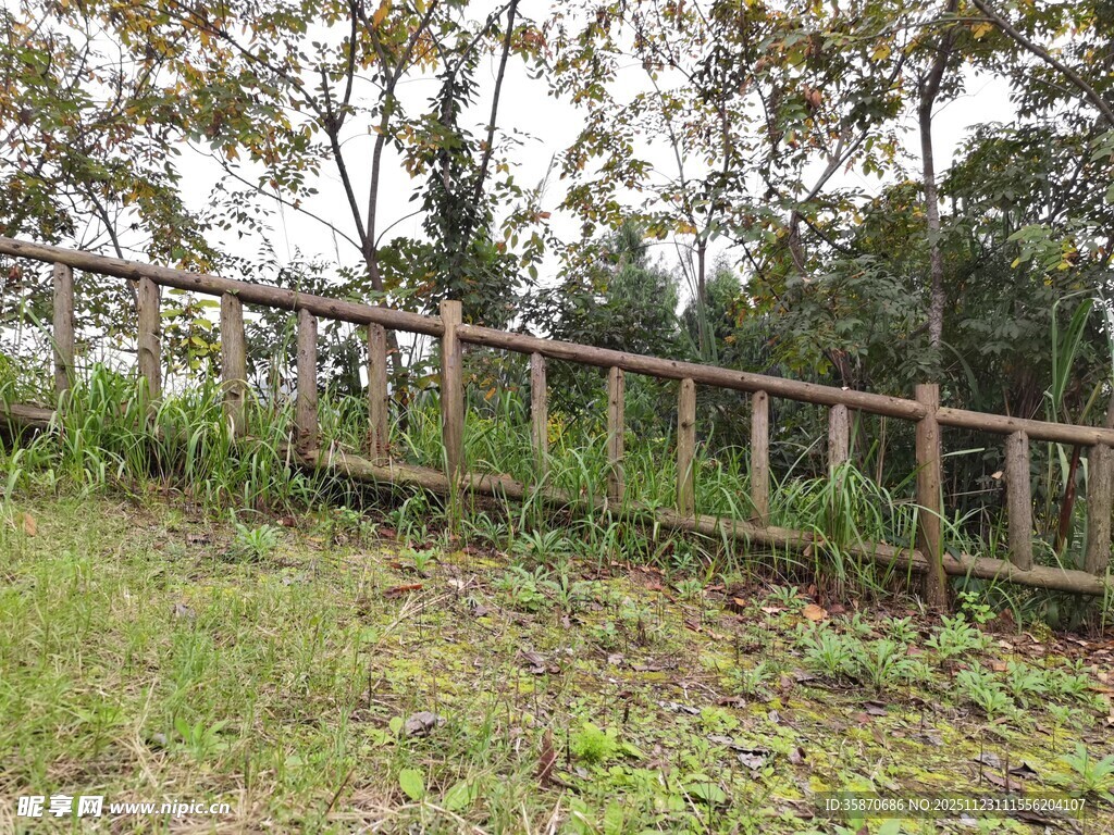 户外木质围栏与绿植景观