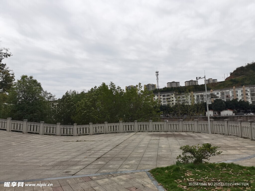 空旷广场与周边绿树景致