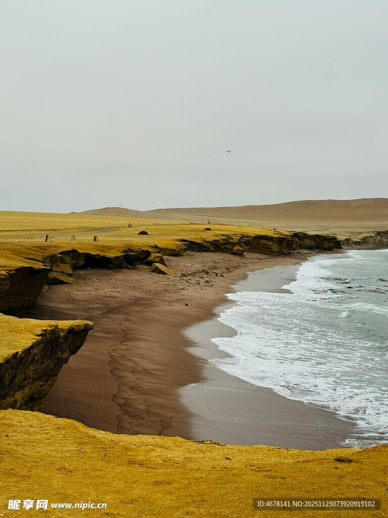 海岸边的黄土地与海浪