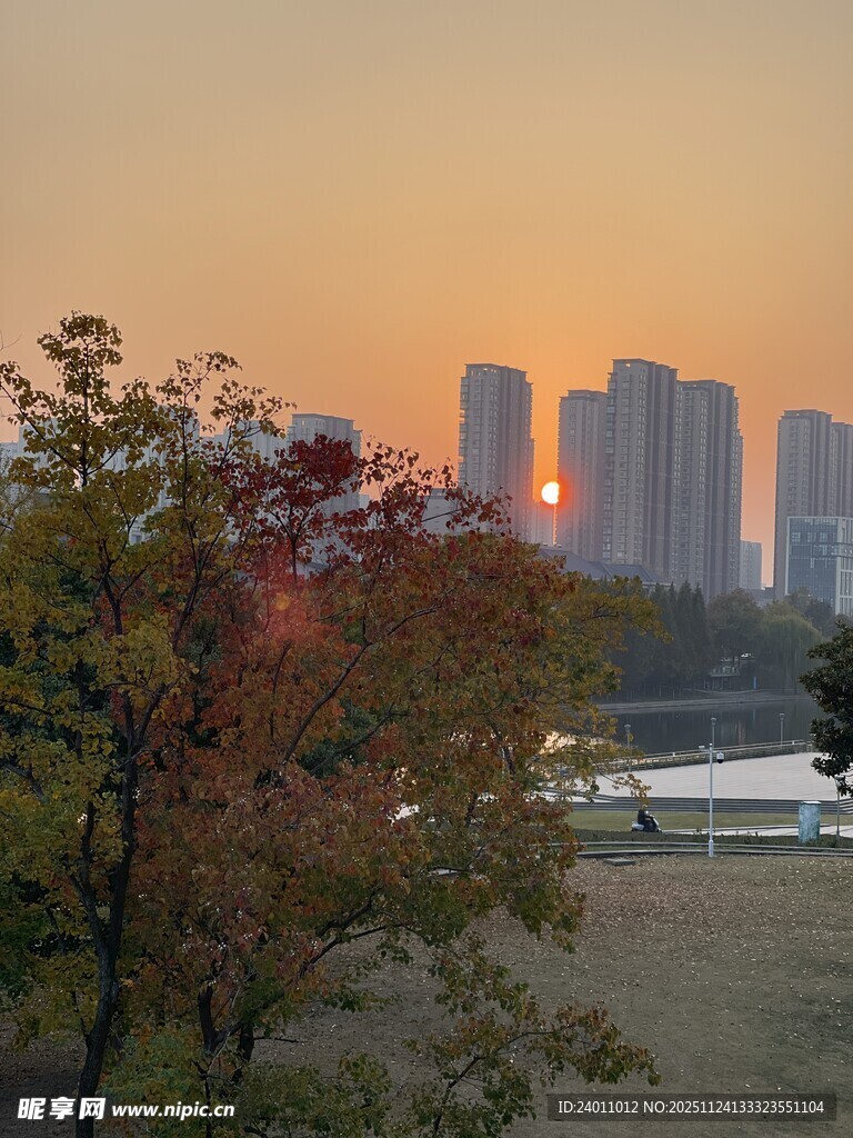 城市黄昏湖畔秋景