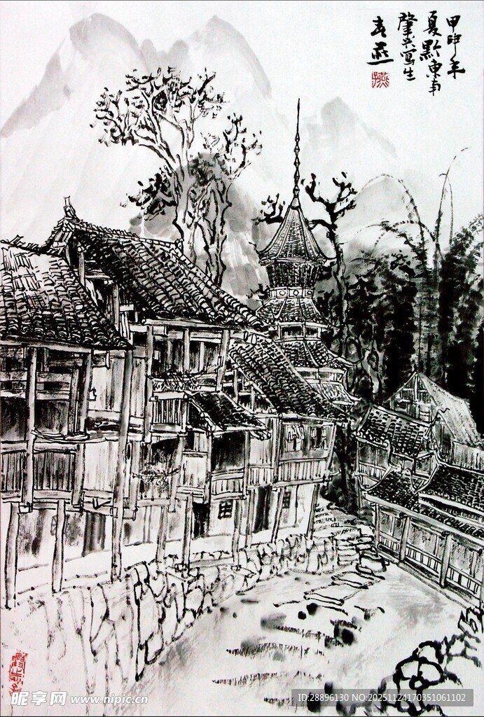 水墨江南古村图