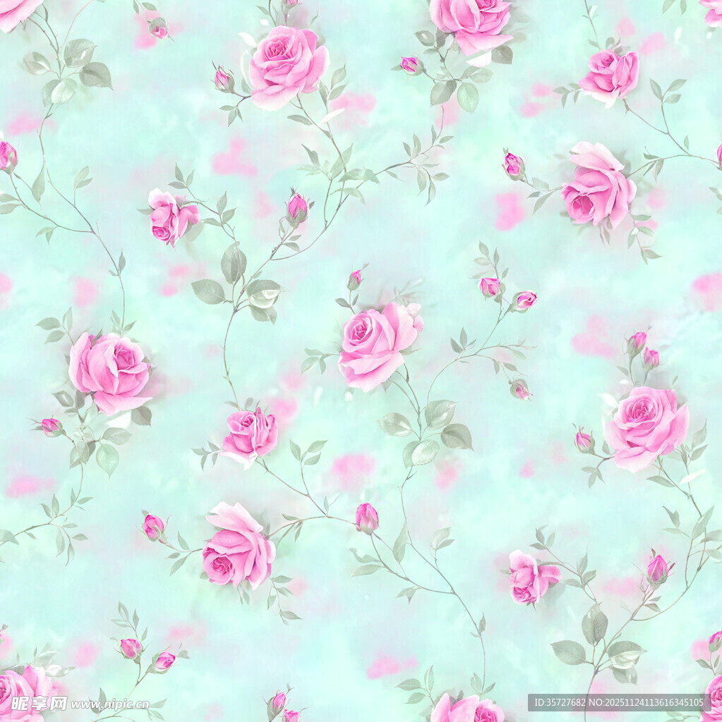 淡蓝底粉色玫瑰花卉图案