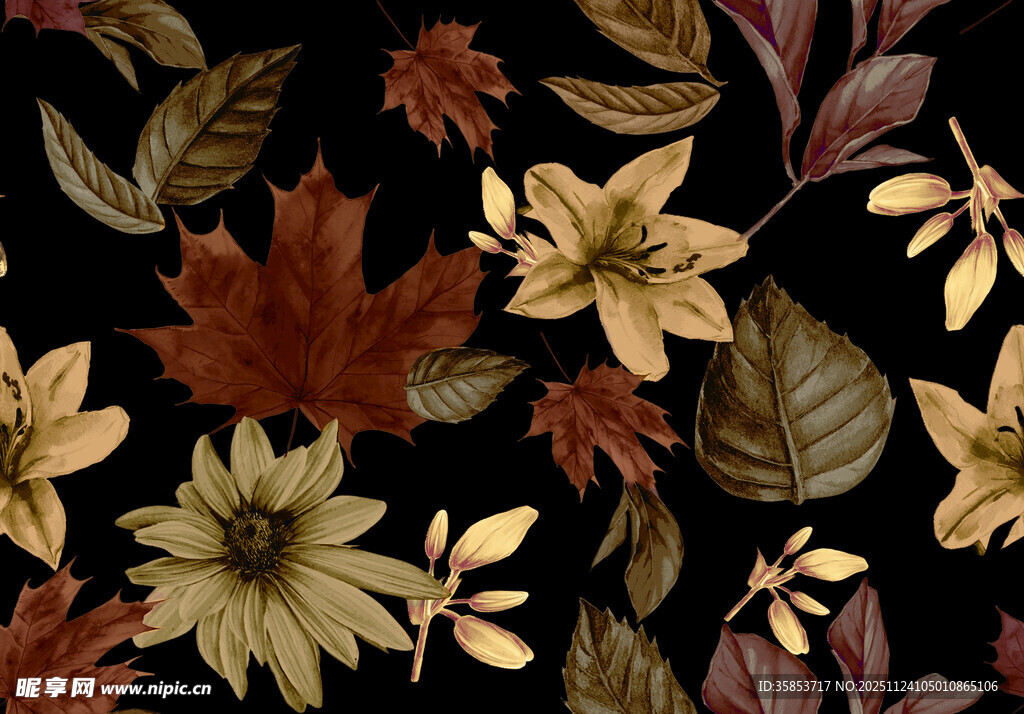 秋季花卉与落叶图案背景