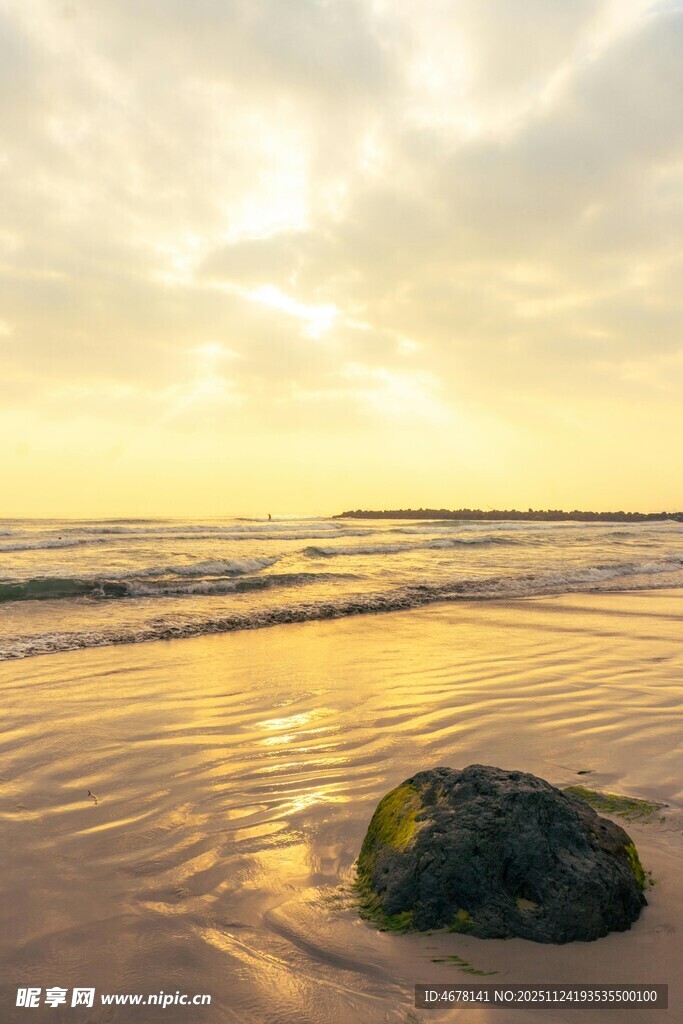 夕阳下海边的孤独礁石