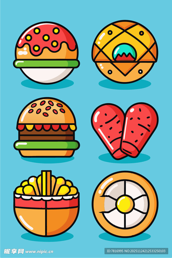 多彩卡通美味快餐食物集