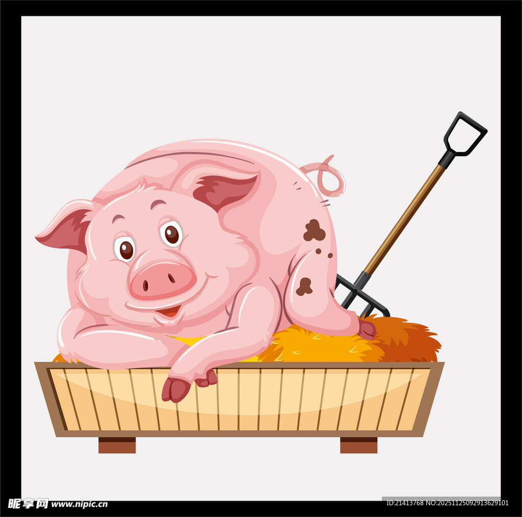 可爱小猪与农具温馨场景