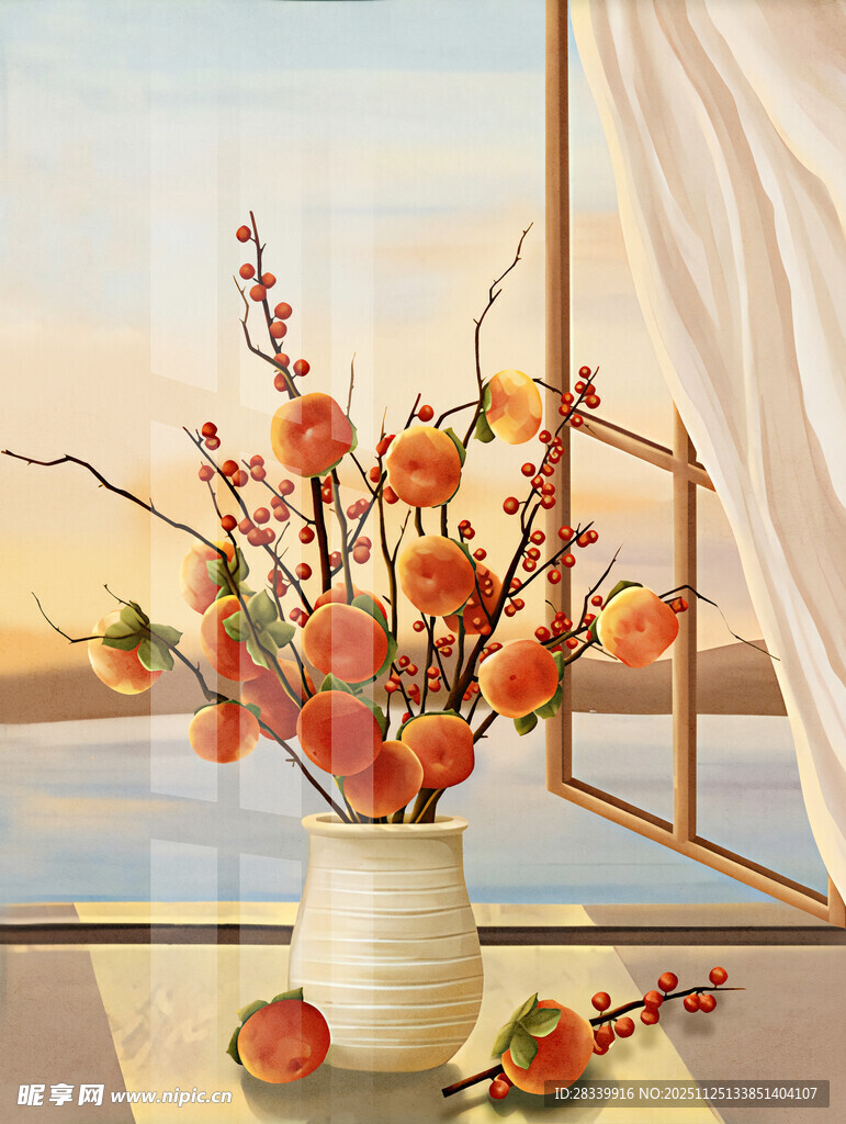 花瓶中插着鲜艳的柿子花束