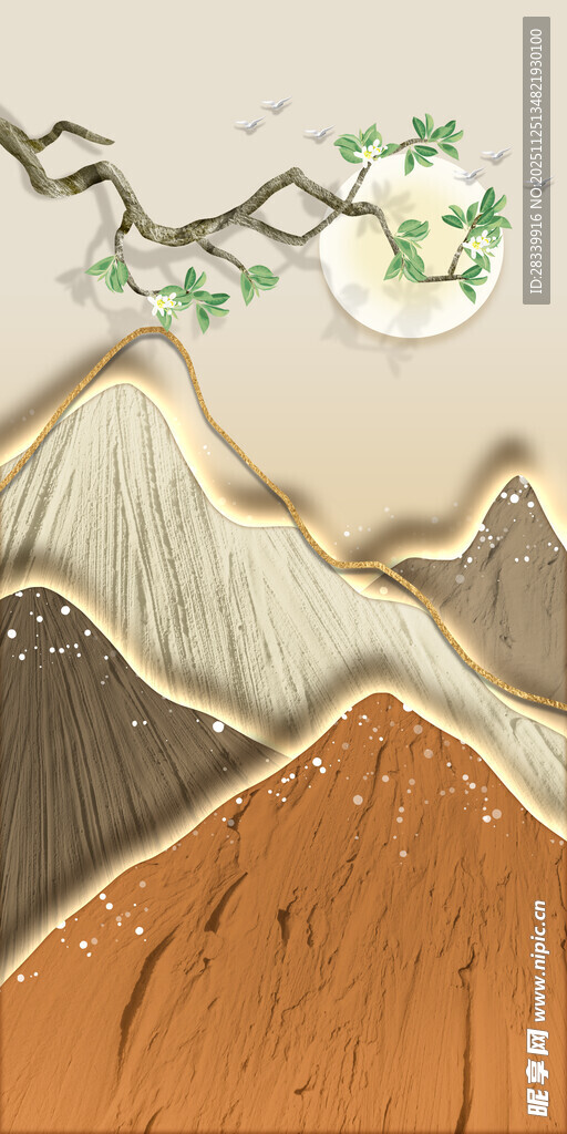 中式山水月夜风景插画