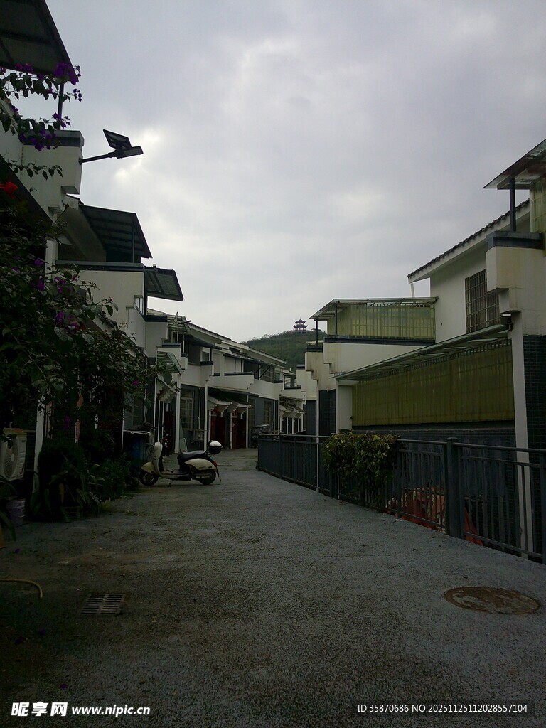 宁静小巷中的低矮建筑