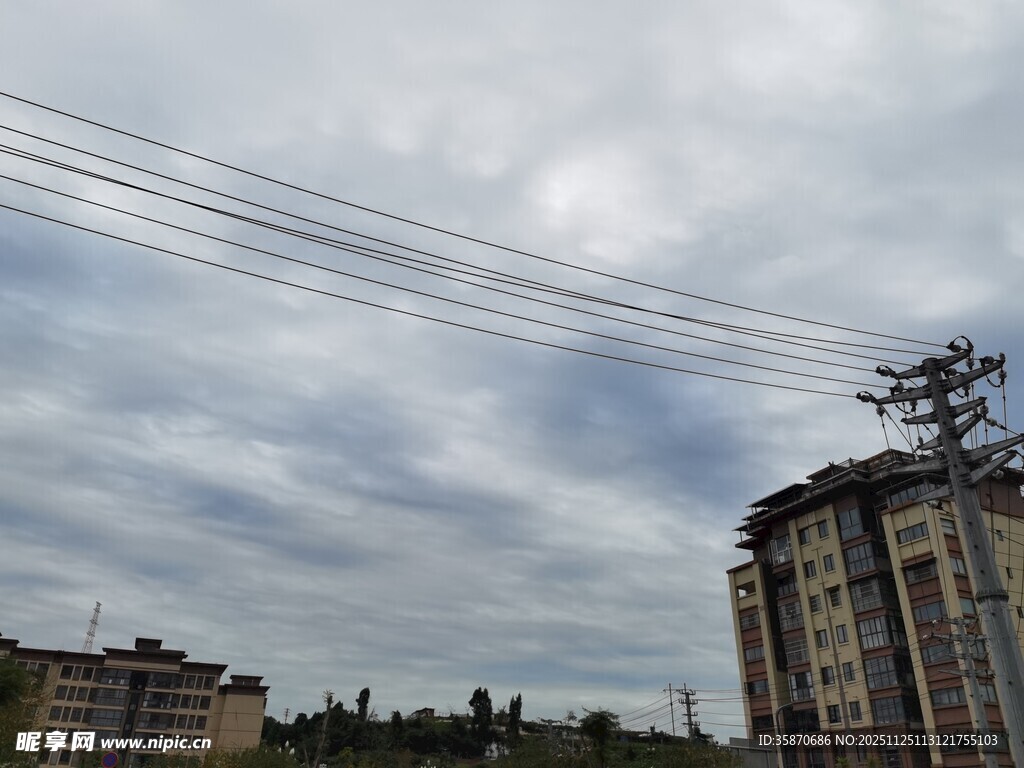 城市上空交错的电线与建筑