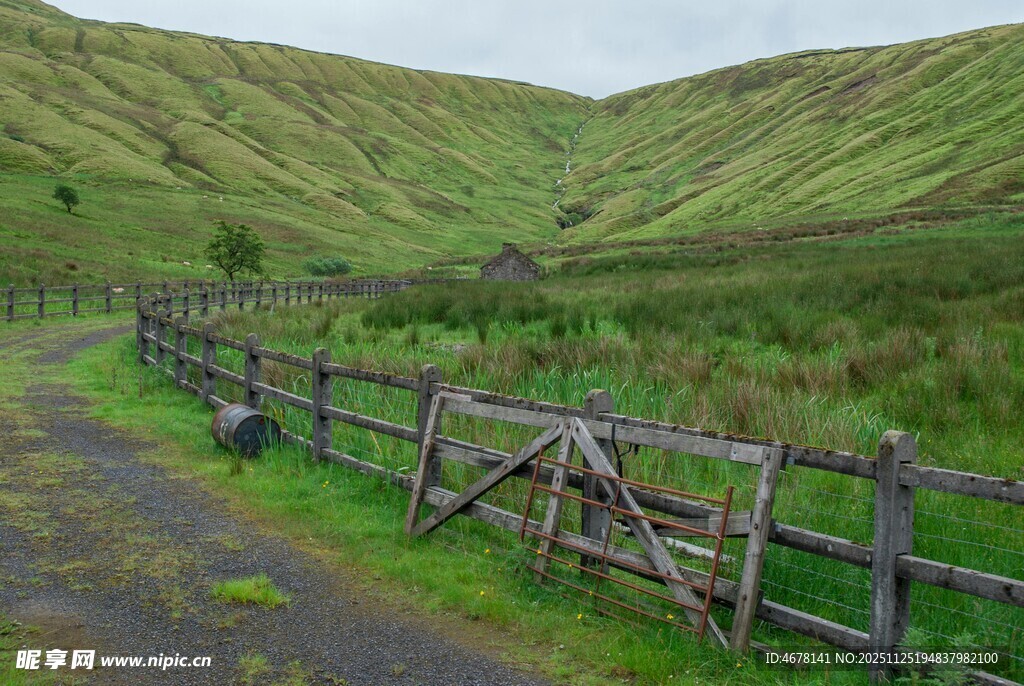乡村小路旁的古朴木栅栏