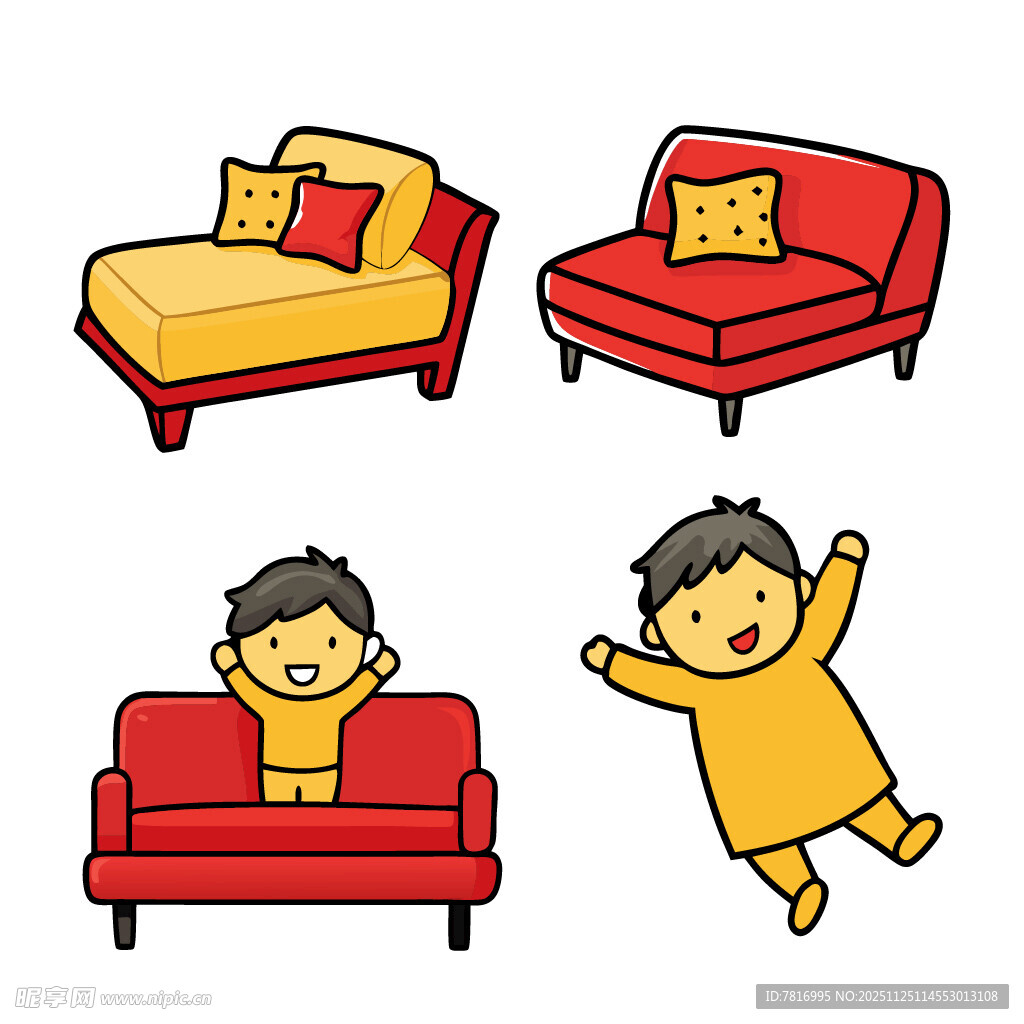 卡通沙发与欢乐男孩形象