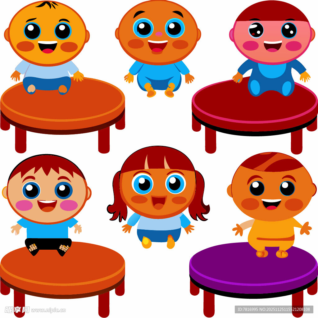 可爱卡通孩子站在彩色圆台