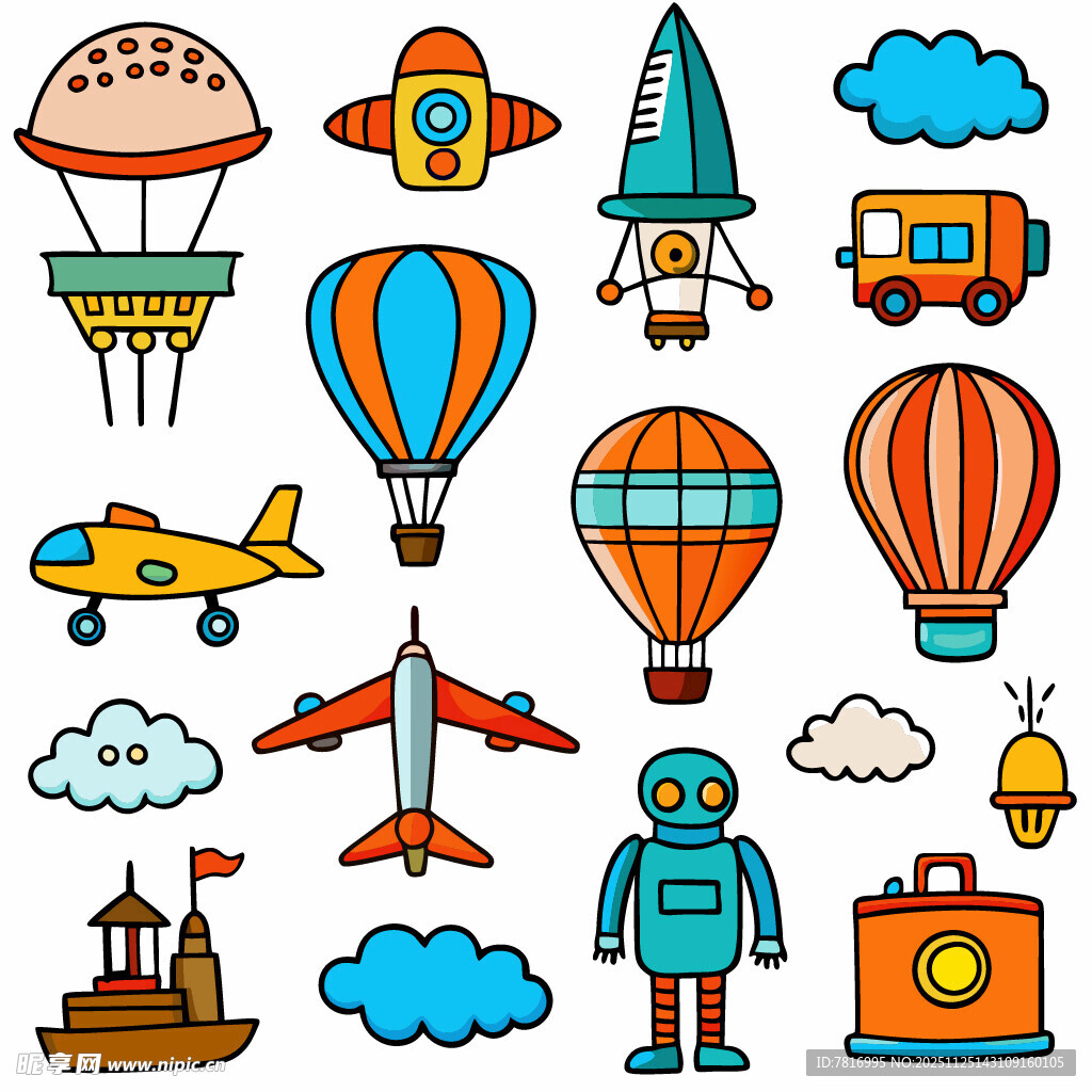 卡通风格的交通工具与物品