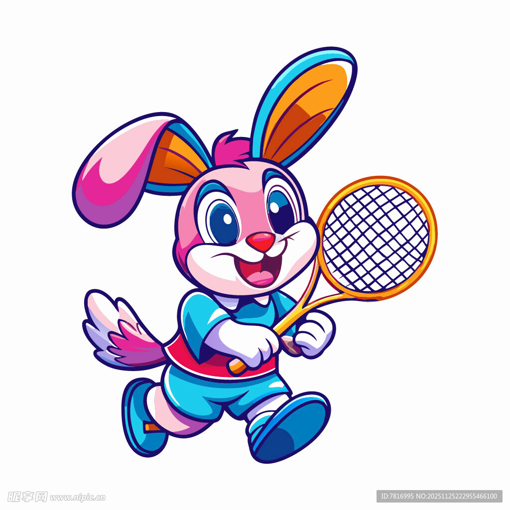 运动小兔持网球拍奔跑