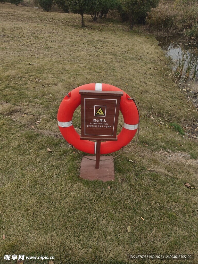 草地上的红色救生圈装置