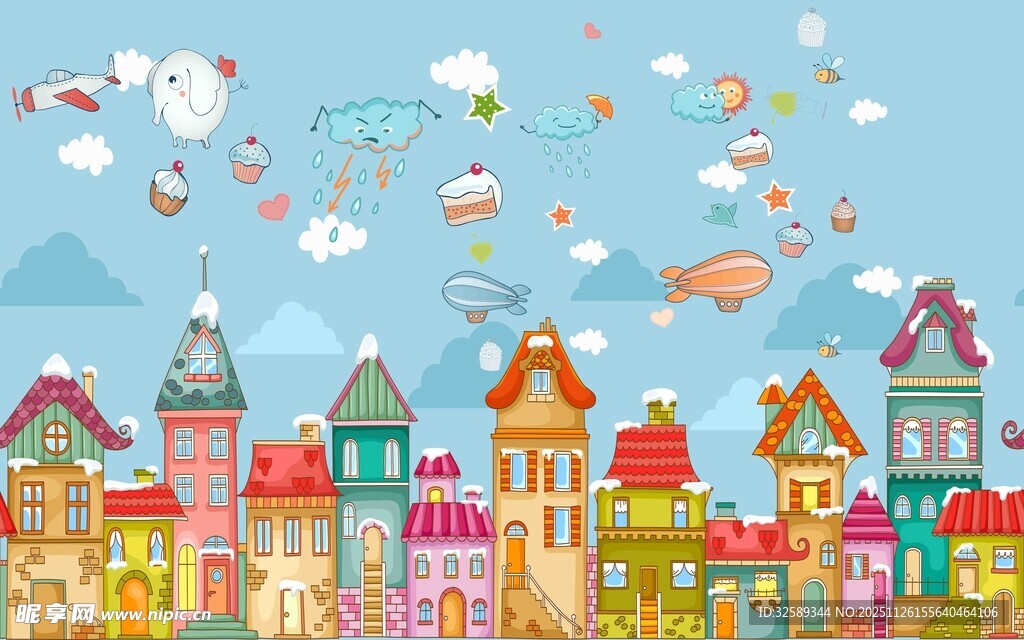 梦幻彩色小镇与空中气球