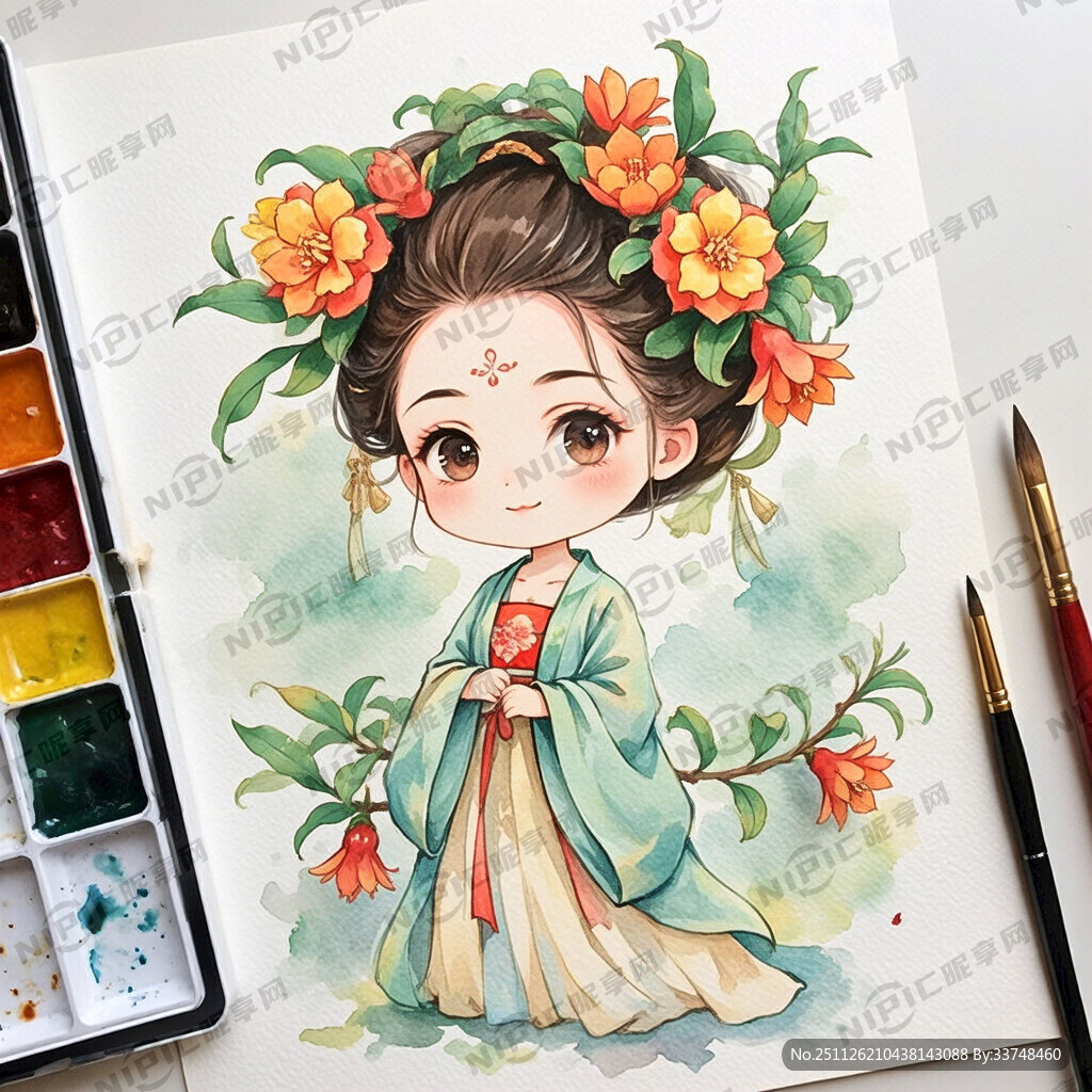 以万花绕榴枝为头型的Q版人物形