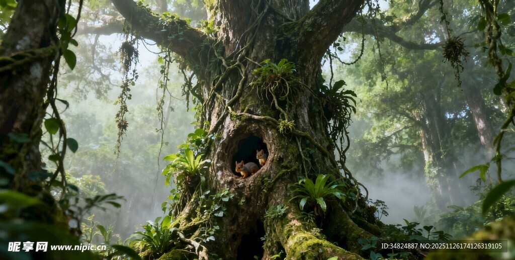 神秘古树林中的奇幻树洞