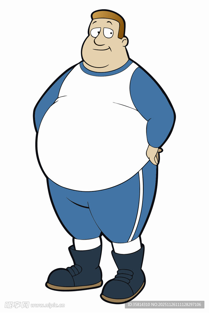 蓝白着装的胖男子形象