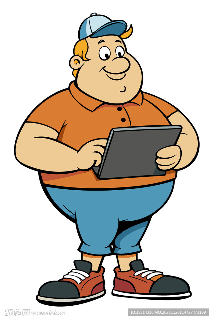 胖小伙手持平板笑容灿烂