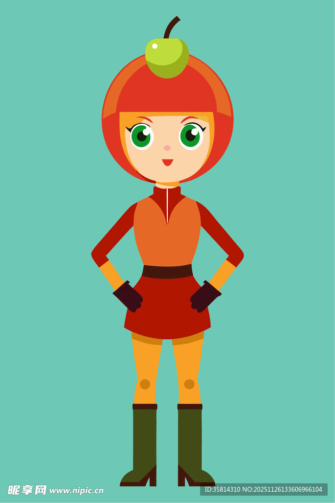 红发苹果装扮的卡通女孩