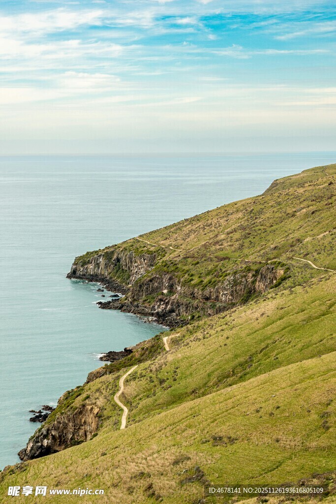 海岸边的翠绿山坡美景