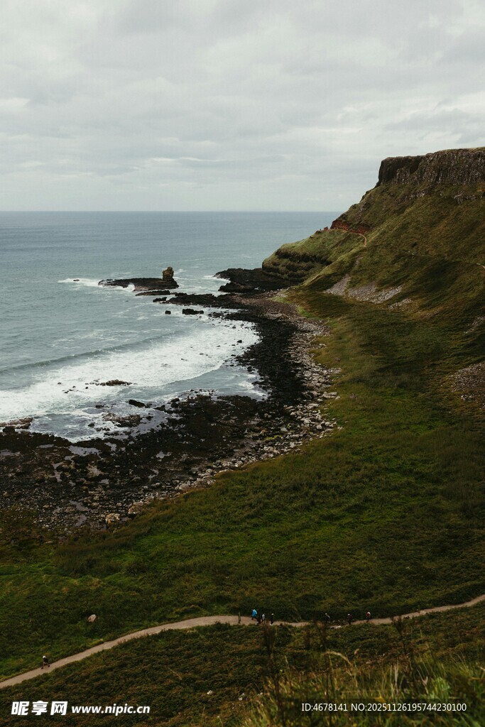 海岸风光绿草与海浪交织