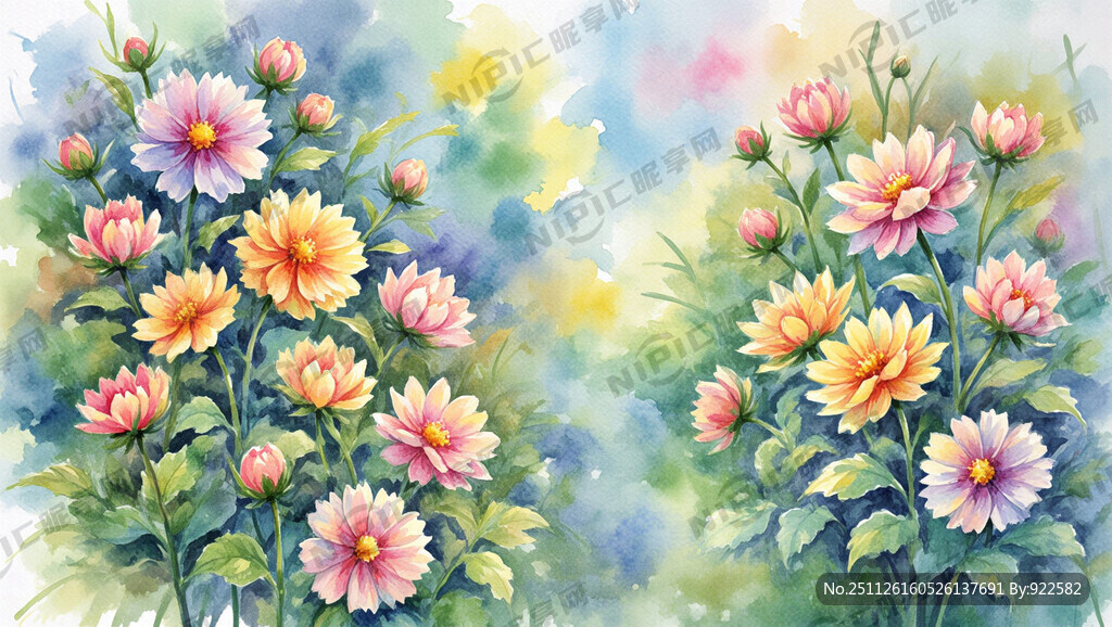 水彩绘烂漫花卉花境