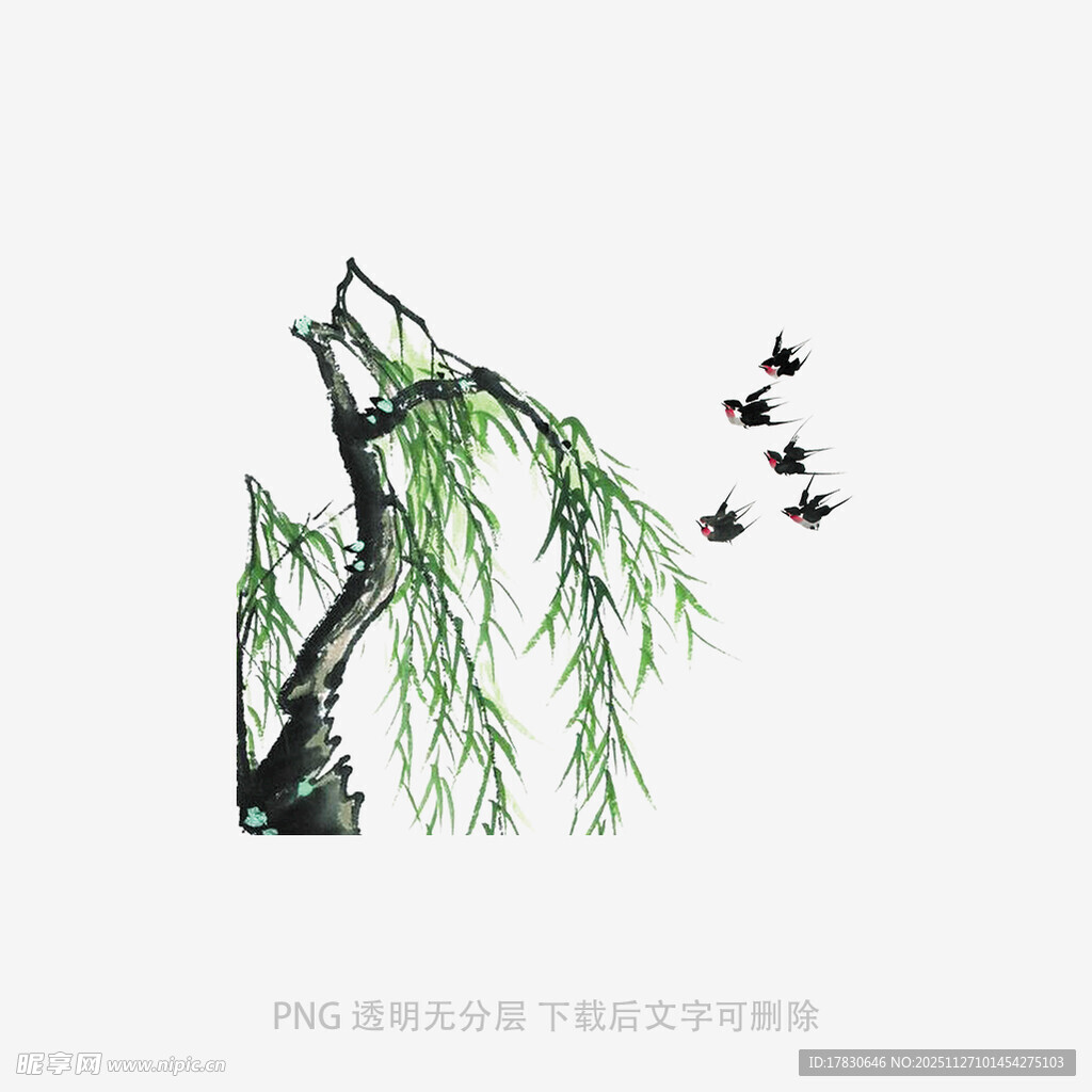 柳丝摇曳间飞鸟相伴