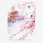 古风楼阁樱花飞鸟美景