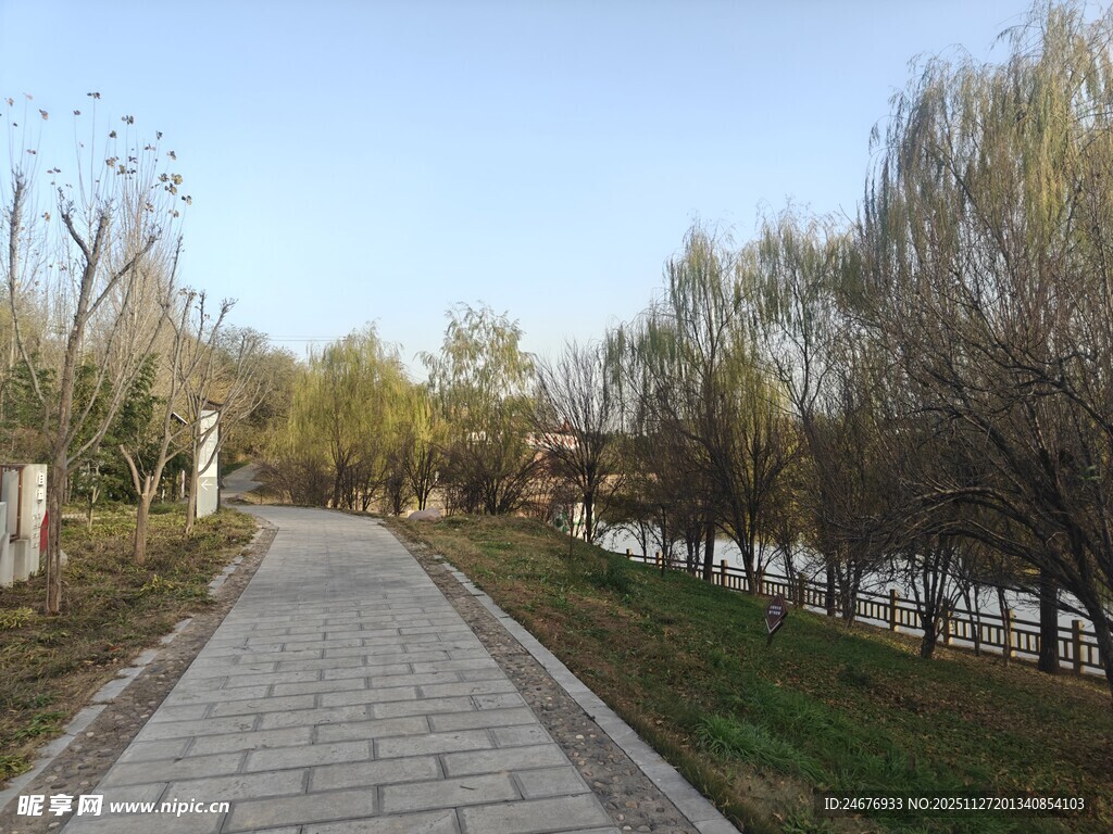 秋日河畔石板小径风景