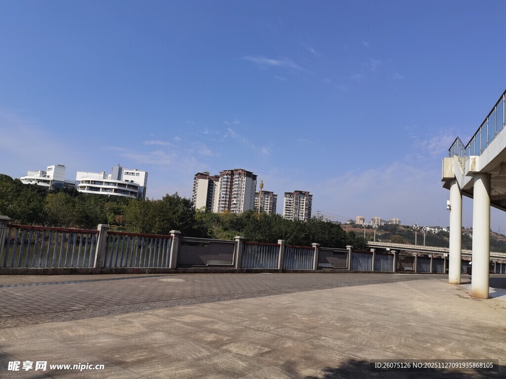 河畔开阔地与远处建筑群