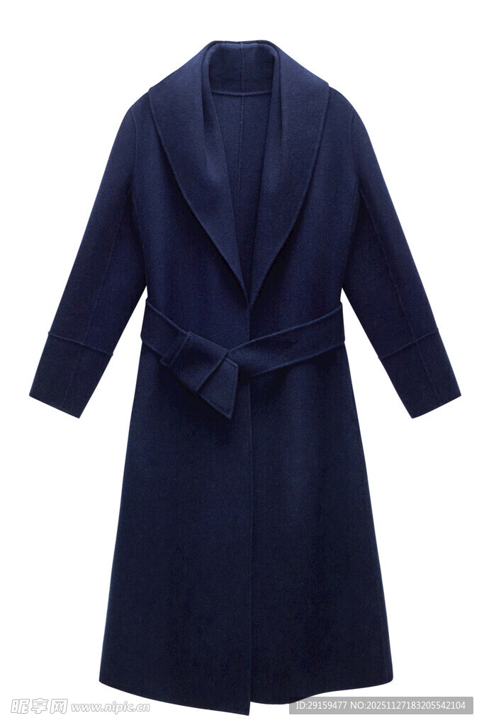 深蓝色系带长款毛呢大衣
