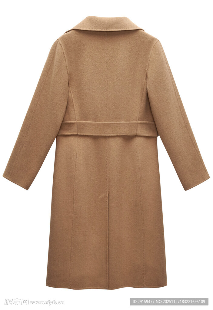 棕色长款系带毛呢大衣