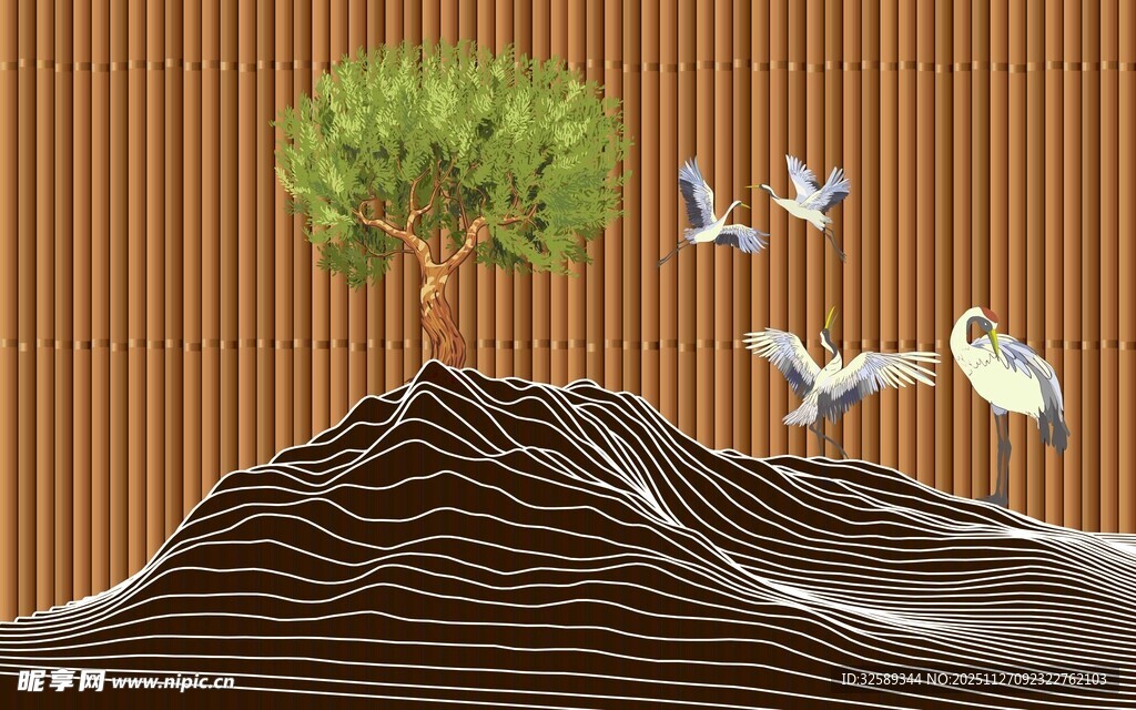 山丘上的绿树与飞鸟