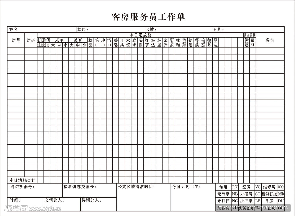 客房服务员工作单