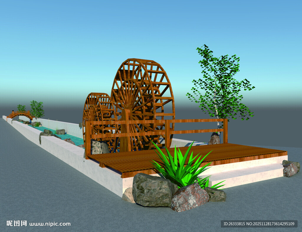 古朴木质水车景观模型