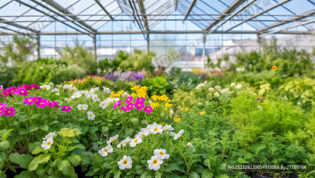 春天室内温室大棚花卉绿植全景背
