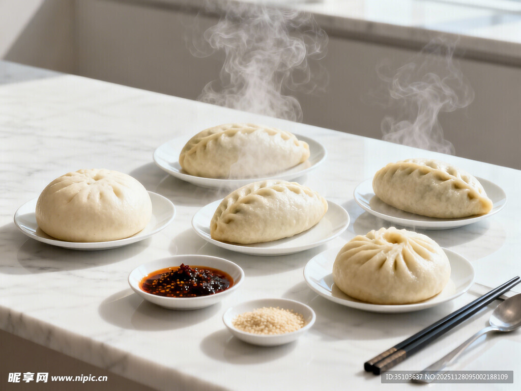 热气腾腾的美味包子与蘸料