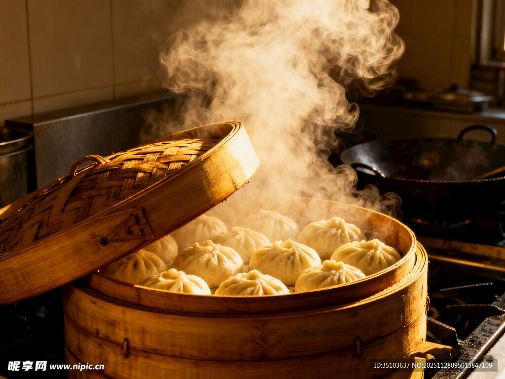 热气腾腾的蒸笼里的包子